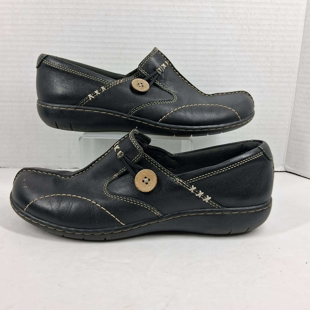 Clarks Bendables Black Leather Button Loafers Womens 7.5 M 35062 Contrast Stitch